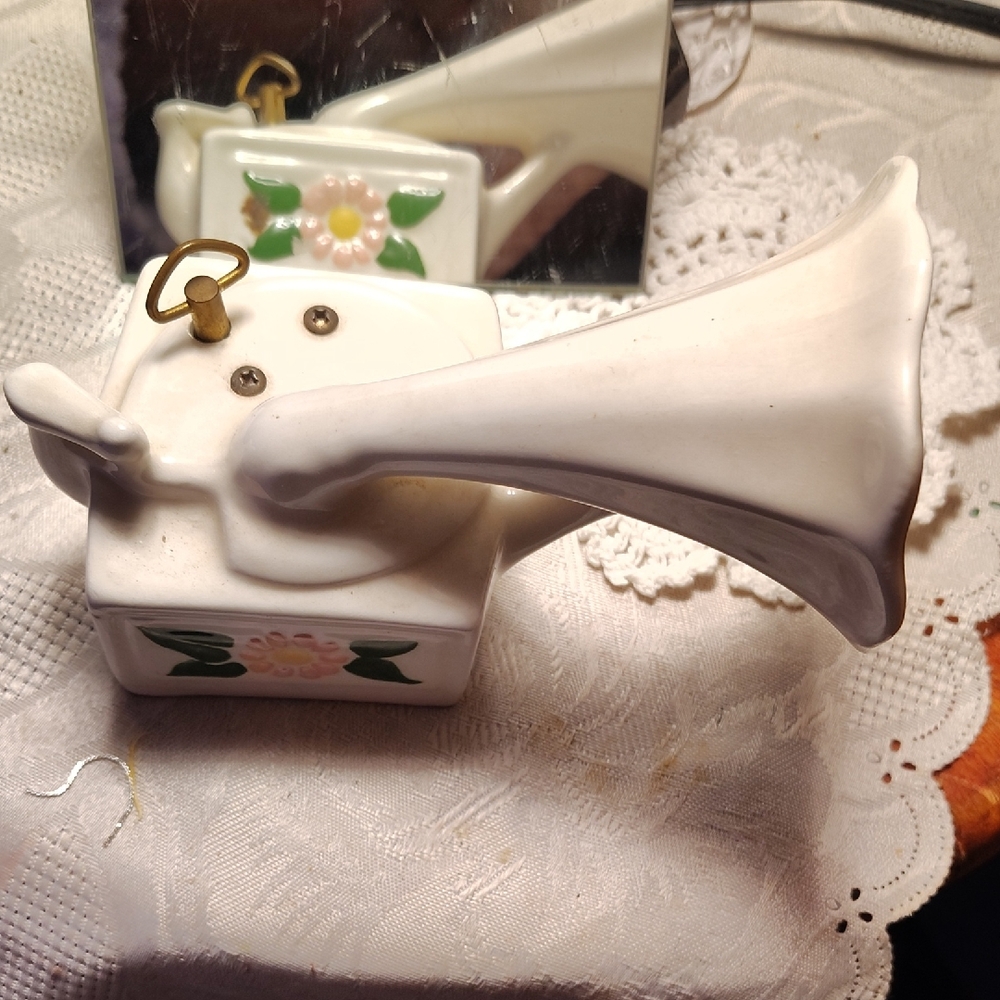 Vintage White Ceramic Gramophone Decor
